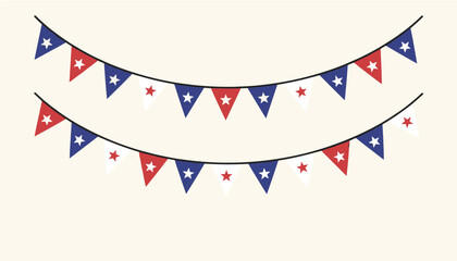 Fototapeta premium Hanging patriotic bunting garland flag banner with red, white, and blue stars for american holiday celebration.
