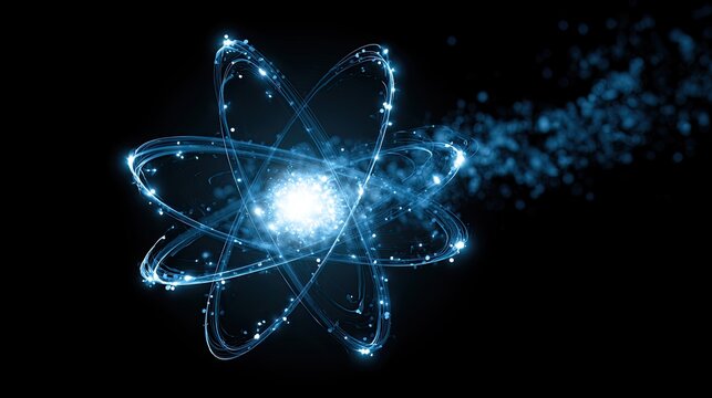 Luminous atomic structure with orbiting electrons against a dark background