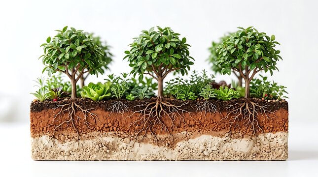 Agroforestry cross section with trees and roots in soil layers