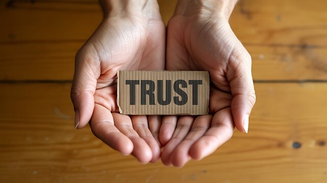 Hands holding wooden trust block representing confidence honesty and business reliability