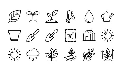 Gardening and Agriculture Plant Growth Line Icon Set Featuring Sprout Leaf Pot Trowel Fertilizer Soil Greenhouse Watering Can and Weather Conditions Symbols © MdSaidi