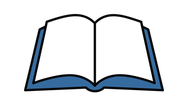 Open book illustration with a dark blue cover and blank pages symbolizes education, learning, and knowledge.