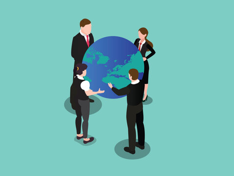 Global Business Teamwork and Worldwide Connection Concept 3d isometric vector illustration