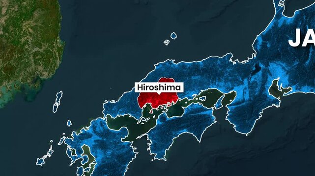 Animated map graphic highlights Hiroshima location in Japan video footage