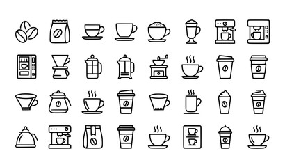 Fototapeta premium Comprehensive Coffee Shop and Cafe Line Icon Set Featuring Espresso Machine Coffee Beans Grinder French Press Takeaway Paper Cups Mugs and Barista Brewing Equipment