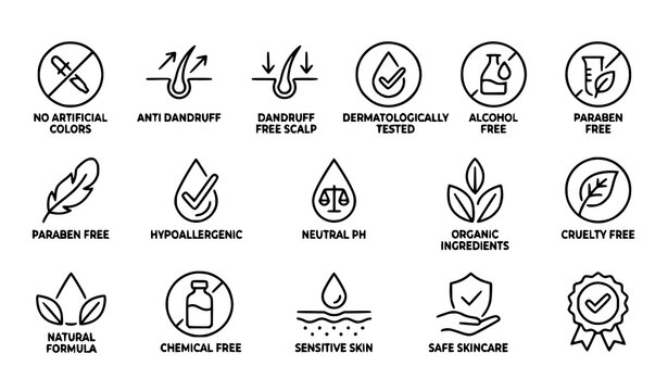 Haircare and Skincare Product Label Line Icon Set Featuring Anti Dandruff Paraben Alcohol Free Organic Ingredients Dermatologically Tested Sensitive Scalp Badges
