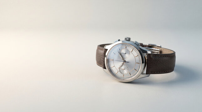 Elegant silver chronograph watch with brown leather strap on white background