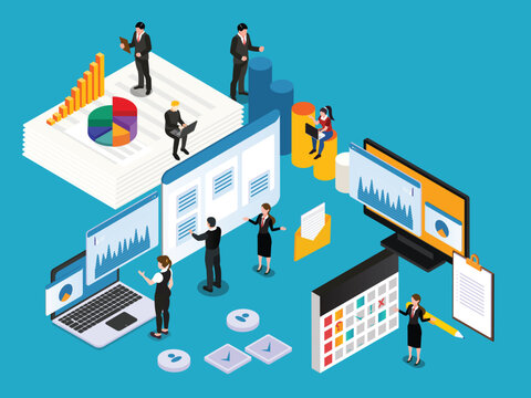 Business Analytics and Data Management Concept with Teamwork 3d isometric vector illustration