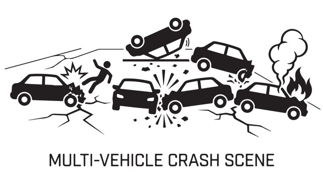 Multi-vehicle crash scene icon, car accident pileup with flipped vehicles and fire, road collision emergency vector illustration
