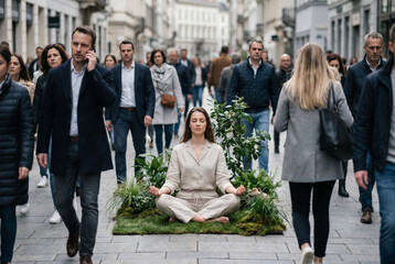Fototapeta premium Woman Finding Inner Harmony and Peace in the Stress of a Busy City