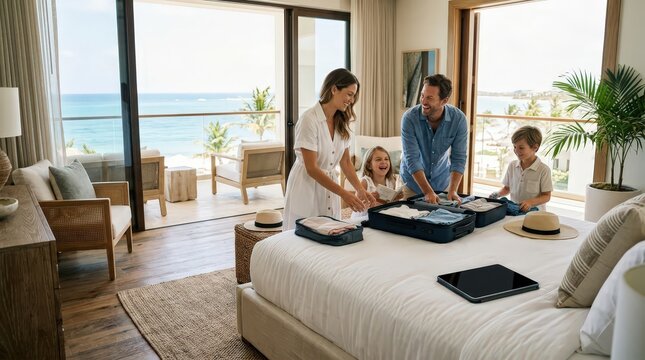 Family packing luggage inside resort hotel room overlooking tropical beach ocean view