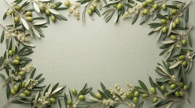 Ultra-realistic flat lay of fresh olive branches with green olives and delicate white olive blossoms forming an elegant botanical border around the edges of a soft light sage textured background, larg