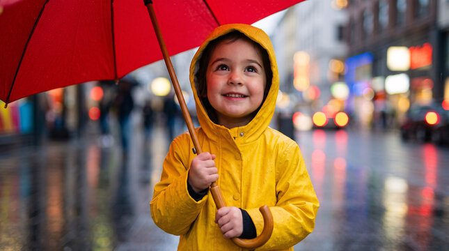 Enfant souriant sous un parapluie rouge dans une rue pluvieuse