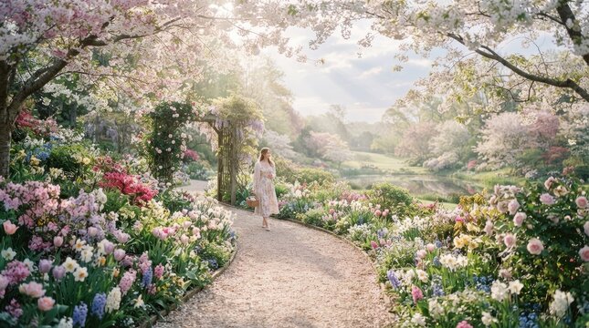 A young woman walks along a winding path through a vibrant garden filled with blooming flowers and blossoming trees.