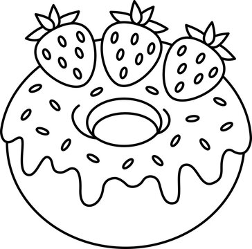 Cute strawberry donut coloring picture, educational material.