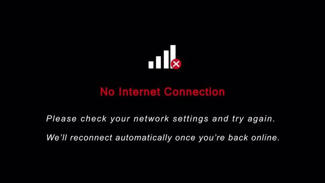 No Internet Connection Alert Animation on Transparent Background. Network Signal Loss UI Motion Graphic in 4K.No Internet, Internet Problems, Lost wi-fi Network Internet Error Animation Alpha Channel
