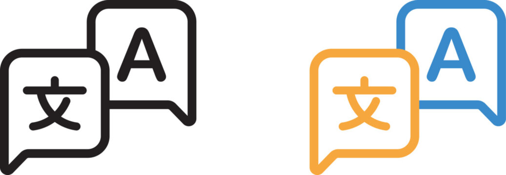 Translate icon set featuring language translation symbols for translator app, website, UI design, and transparent vector graphics. Language translation icon with chat bubbles for an online translator 