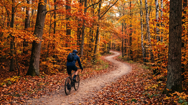 Cycliste parcourant un sentier dans une for&ecirc;t automnale