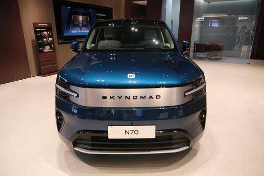 Shanghai,China-August 1st 2026: Front view of Xiaomi SkyNomad N70 EREV SUV on display inside a retail store.
