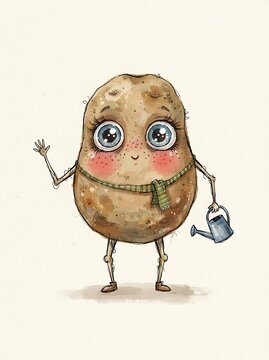 Funny potato character holding a small watering can in a garden art