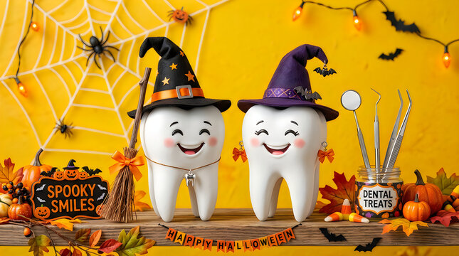 Two happy teeth wearing witch hats for a spooky halloween