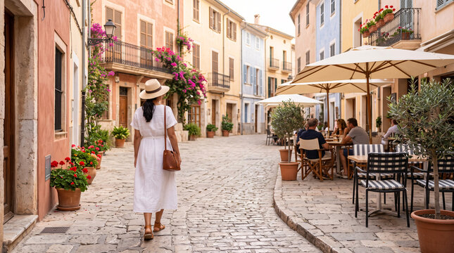Voyageuse marchant dans une rue historique bord&eacute;e de caf&eacute;s