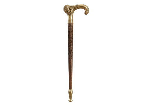 Vintage wooden walking cane with an ornate gold handle featuring a lion head design