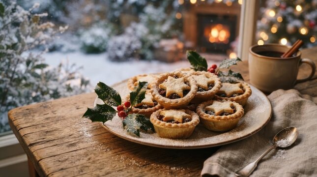 A rustic wooden table displays a plate of star-shaped mince pies adorned with holly sprigs.