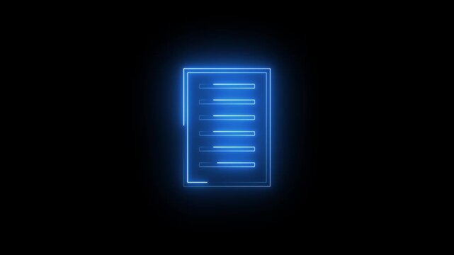 Blue Glowing Neon Document Page Animated Icon Motion Graphics Stock Overlay Isolated Black Background Text Paper File Symbol.