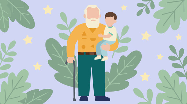 Grandfather holding his grandson, surrounded by leaves and stars, flat illustration