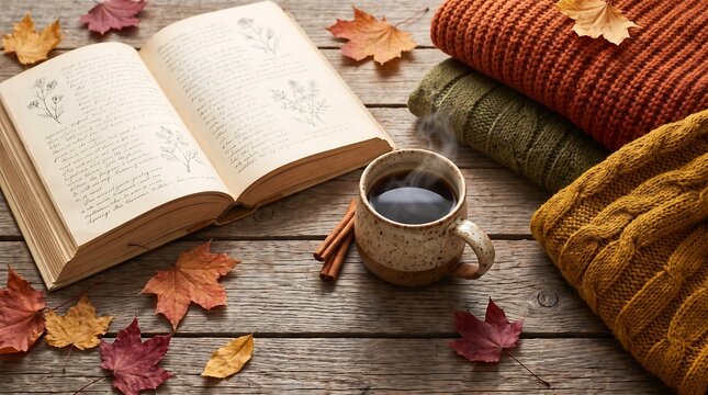 Flat lay of open book warm mug folded sweaters and dry autumn leaves on a rustic wooden table.