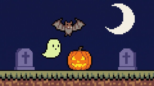 Retro 8-Bit Pixel Art Halloween Scene with Ghost Pumpkin Bat and Graveyard