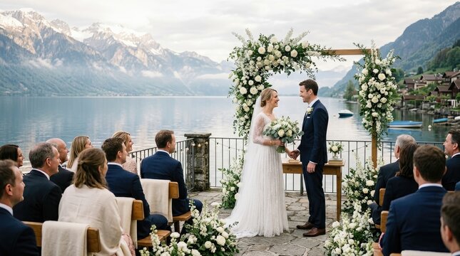 A bride and groom exchange vows during a wedding ceremony on a stone patio overlooking a stunning lake and snow-capped mountains.