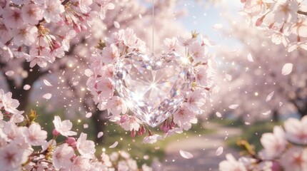 Naklejka premium A sparkling diamond heart floats amidst a shower of delicate pink cherry blossoms.