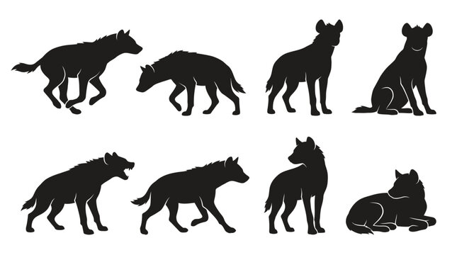Set of black wolf silhouettes in various poses.