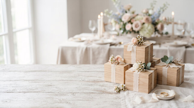 Wedding gift boxes and ring set on table with floral arrangement