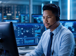 Fototapeta premium It technician monitoring network data on computer screens
