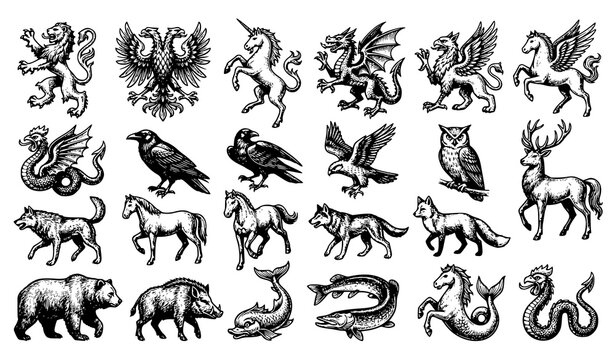 Medieval Heraldic Animal Engraving Collection Fantasy Coat of Arms Vector