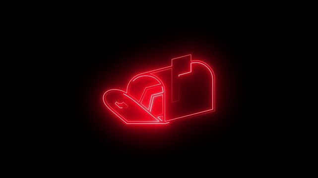 Red Glowing Neon Mailbox Postbox Animated Icon Motion Graphics Stock Overlay Isolated Black Background Email Letter Delivery Message Symbol.