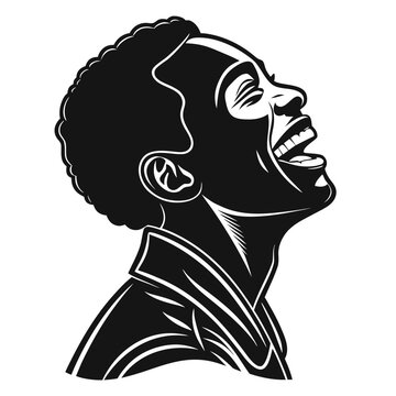Black and white vector illustration of a laughing man, joyful male profile portrait with open mouth, expressive person silhouette for t-shirt design