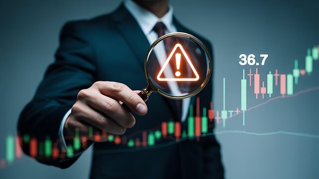 Businessman examining financial warning symbol with magnifying glass for risk analysis and market security