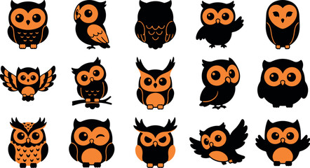 Fototapeta premium HALLOWEEN Halloween themed orange and black owl illustrations for spooky designs and decorations
