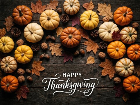Happy thanksgiving greeting card with colorful pumpkins and dried autumn leaves on a rustic wooden background