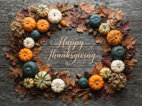 Happy thanksgiving greeting card with a rustic wreath of colorful pumpkins and autumn leaves on wood
