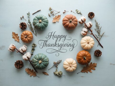 Happy thanksgiving greeting card with a decorative wreath of pumpkins and autumn leaves on wooden background