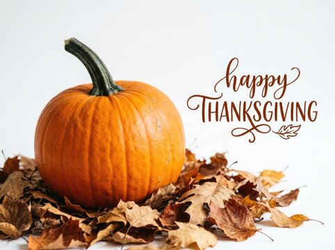 A single orange pumpkin sitting on dried autumn leaves with a festive happy thanksgiving greeting message