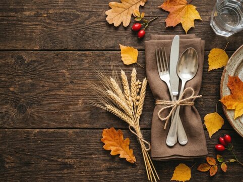 Rustic thanksgiving table setting with cutlery wheat stalks and colorful autumn leaves on wooden background
