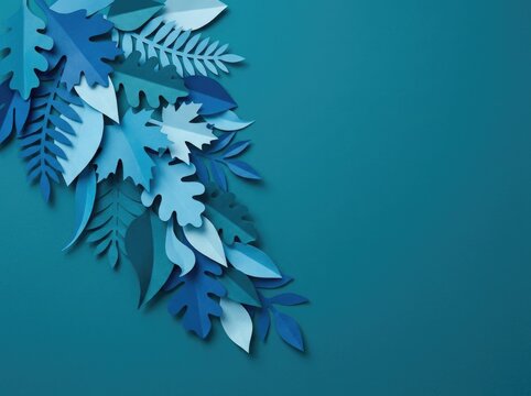 Creative blue paper craft leaves arranged for a modern thanksgiving background with empty copy space area