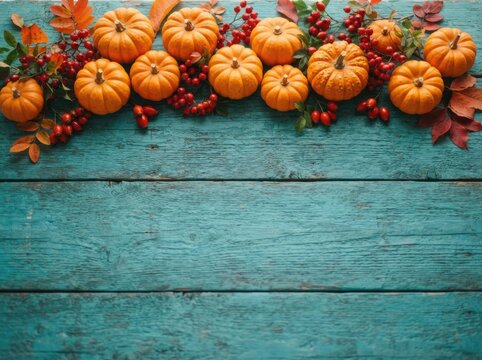 Festive thanksgiving background with orange pumpkins and autumn leaves on a rustic blue wooden table surface