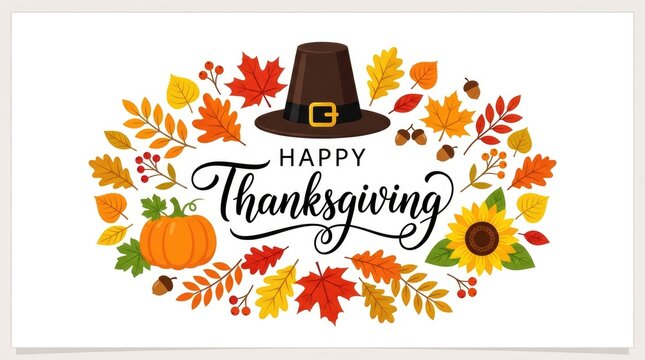 Happy thanksgiving greeting card design with a festive pilgrim hat and colorful autumn leaves on white